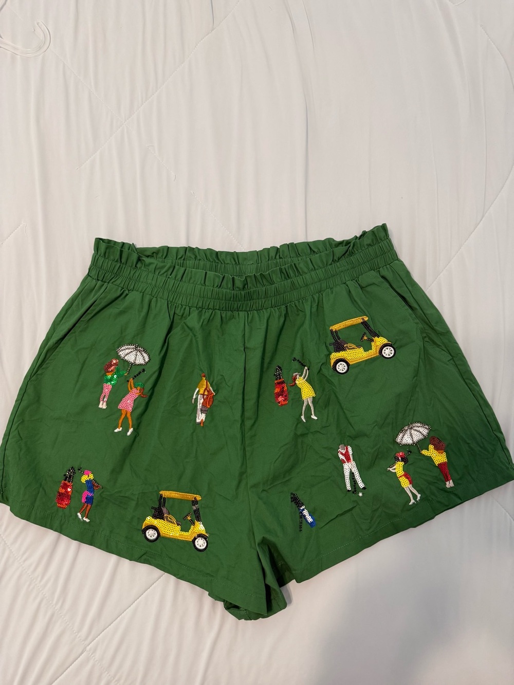 QUEEN OF SPARKLES Green Embroidered High Waist Shorts